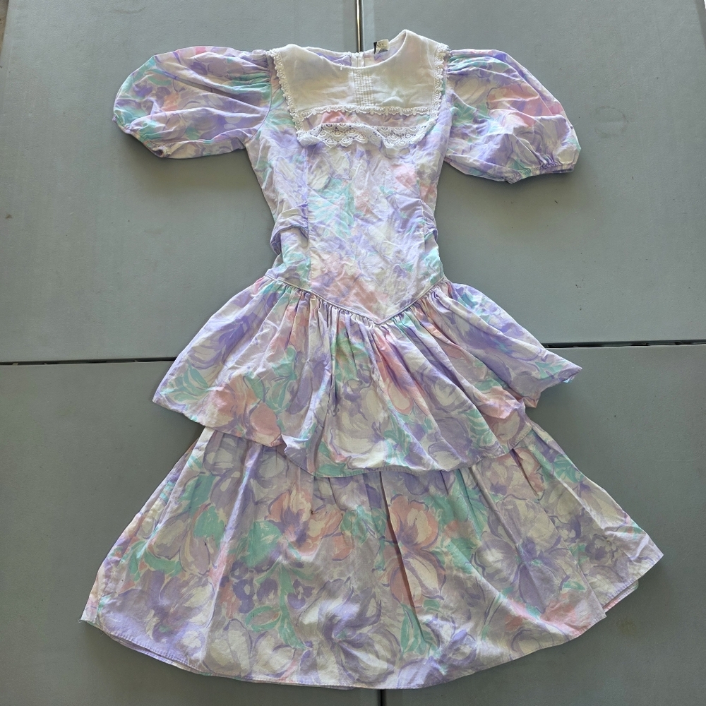 Vintage Picture Me Girls Dress Size 12/7 Made in USA Pastel Floral Lace